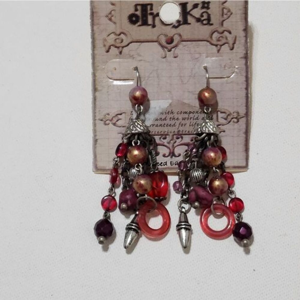 Treska Beaded Tassel Dangle Earrings Red Burgundy Bronze Boho Statement Jewelry